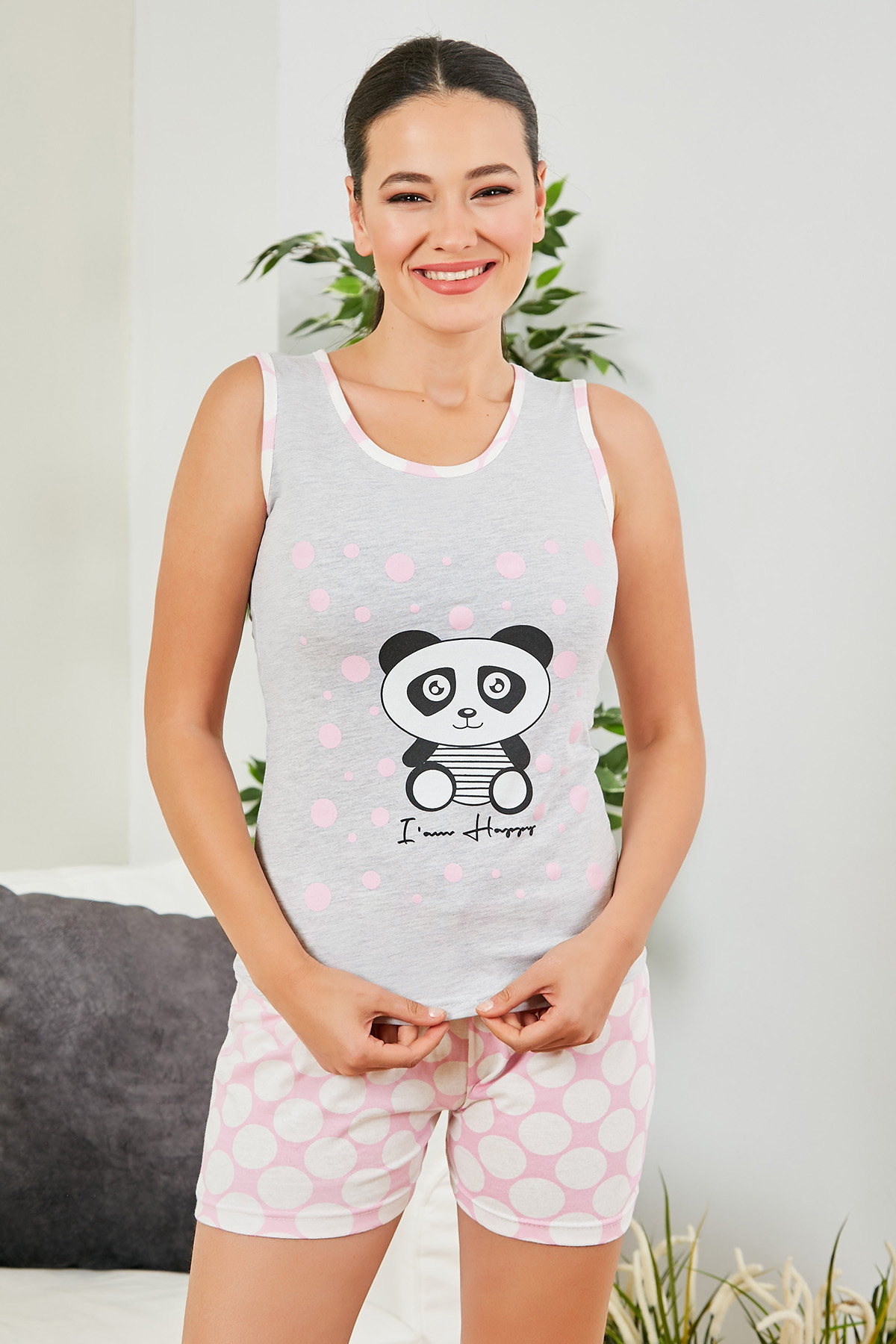 Saten Panda Şortlu Pijama Takımı - GRİ-PEMBE. 2
