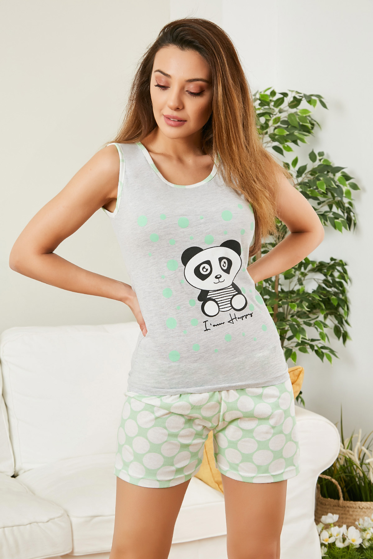 Saten Şortlu Pandalı Pijama Takımı - GRİ-MİNT. 2