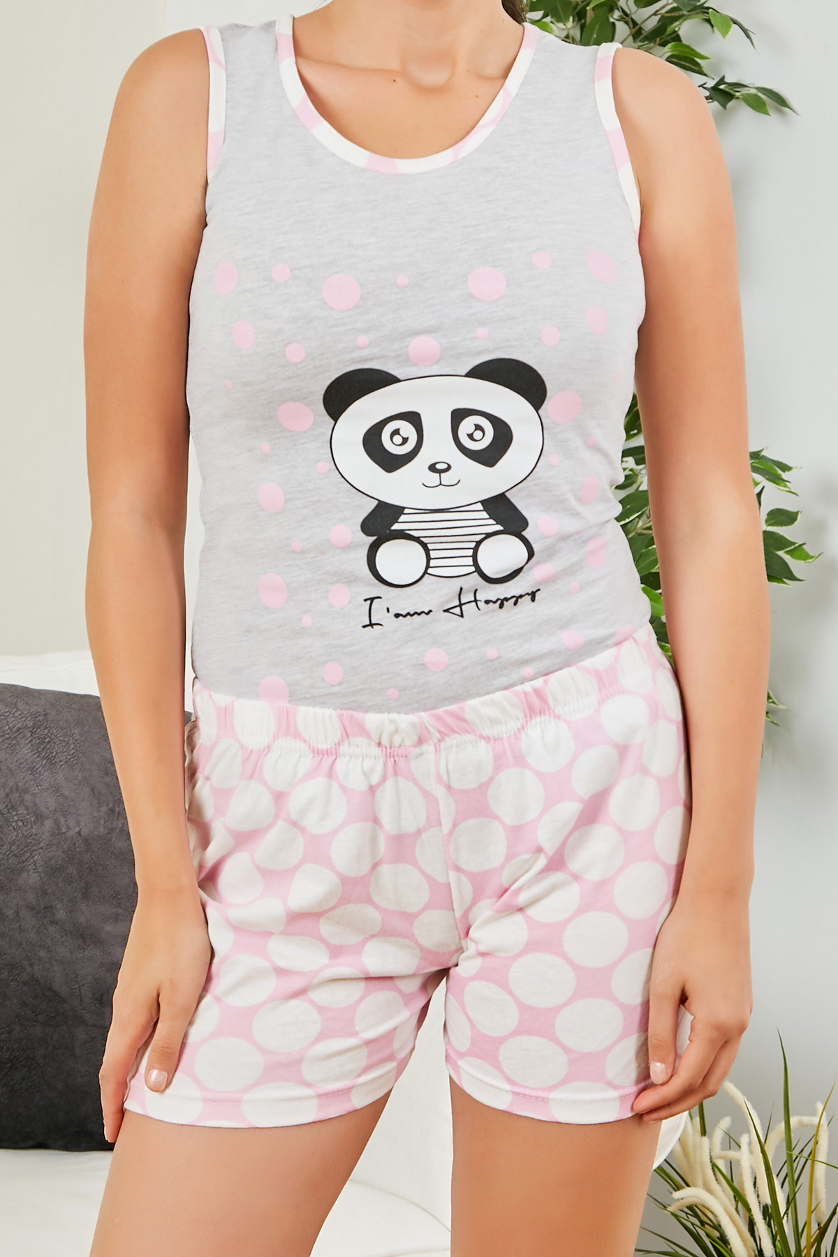 Saten Panda Şortlu Pijama Takımı - GRİ-PEMBE. 3