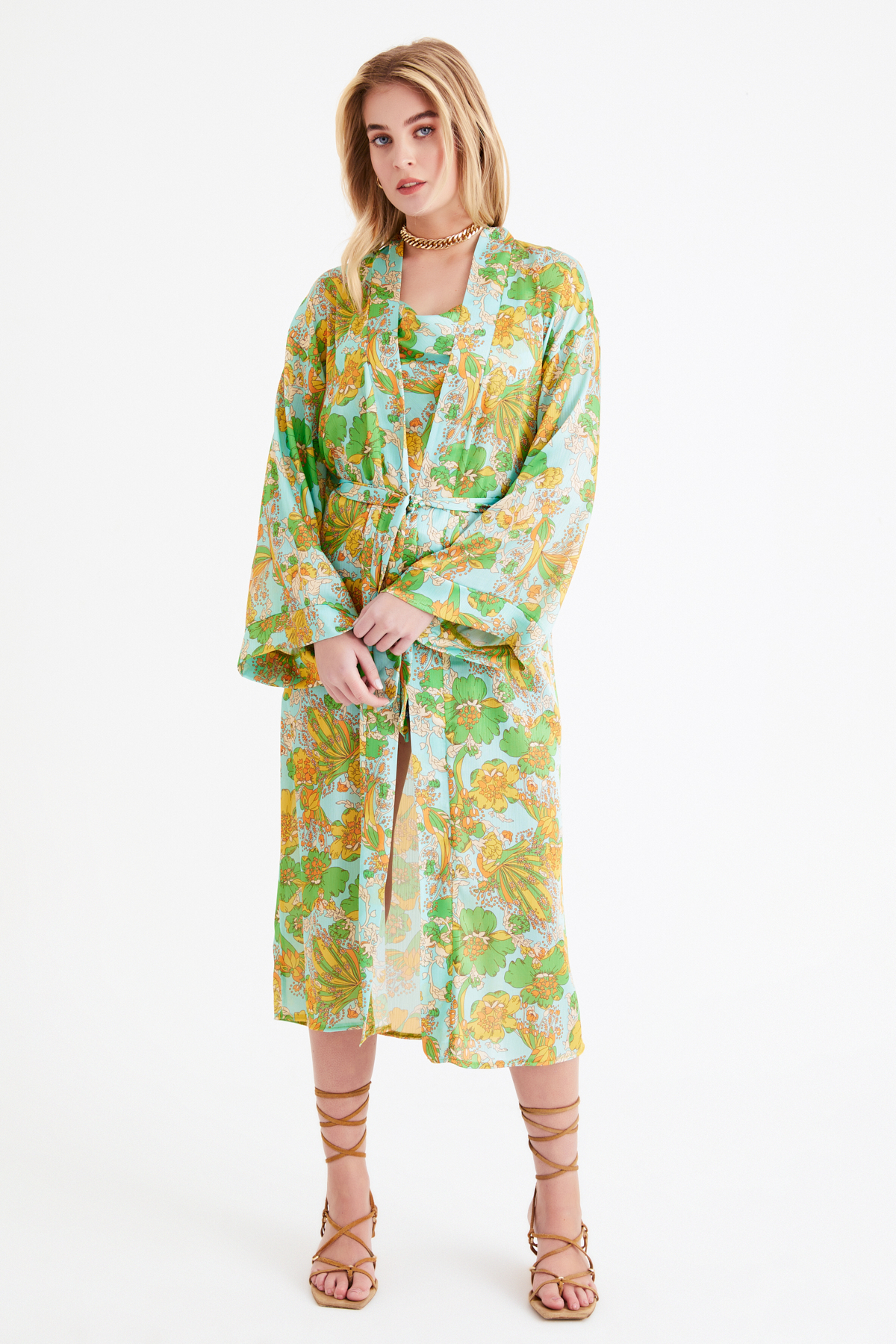 Saten Desenli kuşaklı kimono - MİNT. 6