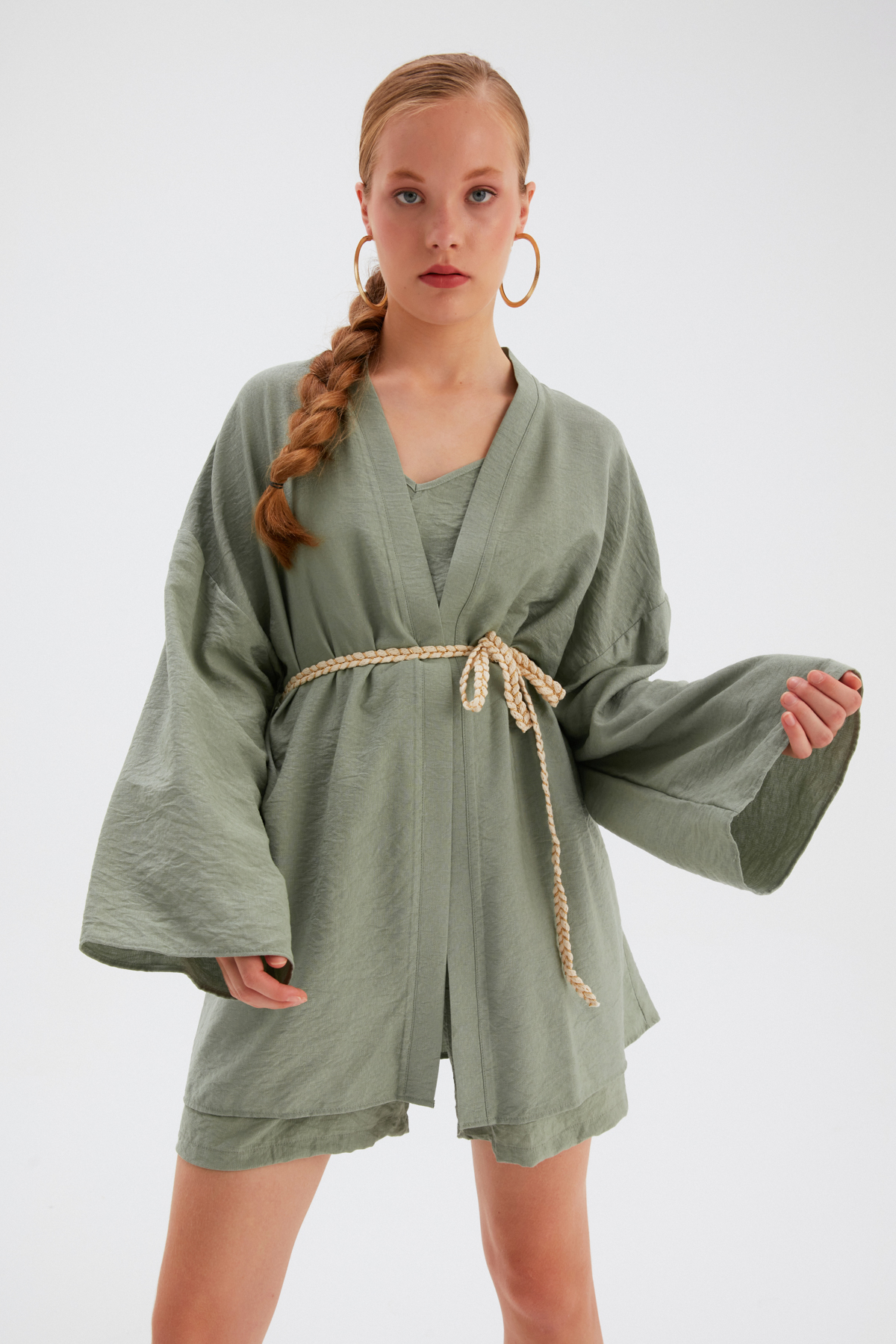 Saten Kuşak Detaylı Salaş Kimono - YEŞİL. 2