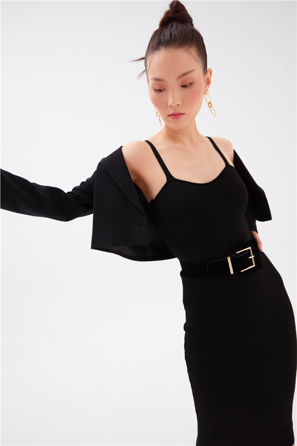 Strap Midi Knitwear Dress - BLACK