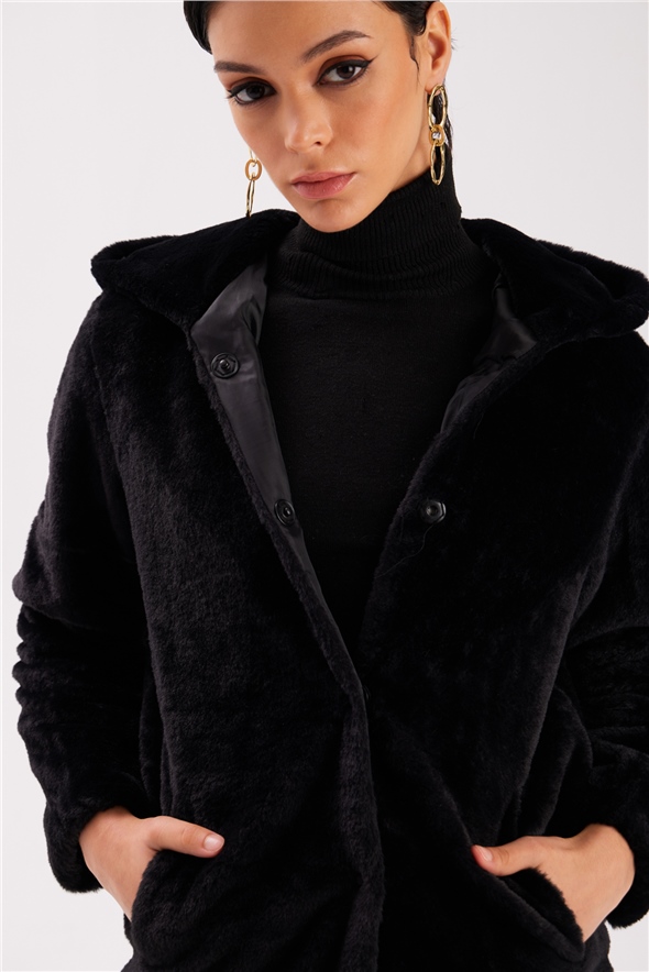 Hooded Plush Coat - BLACK