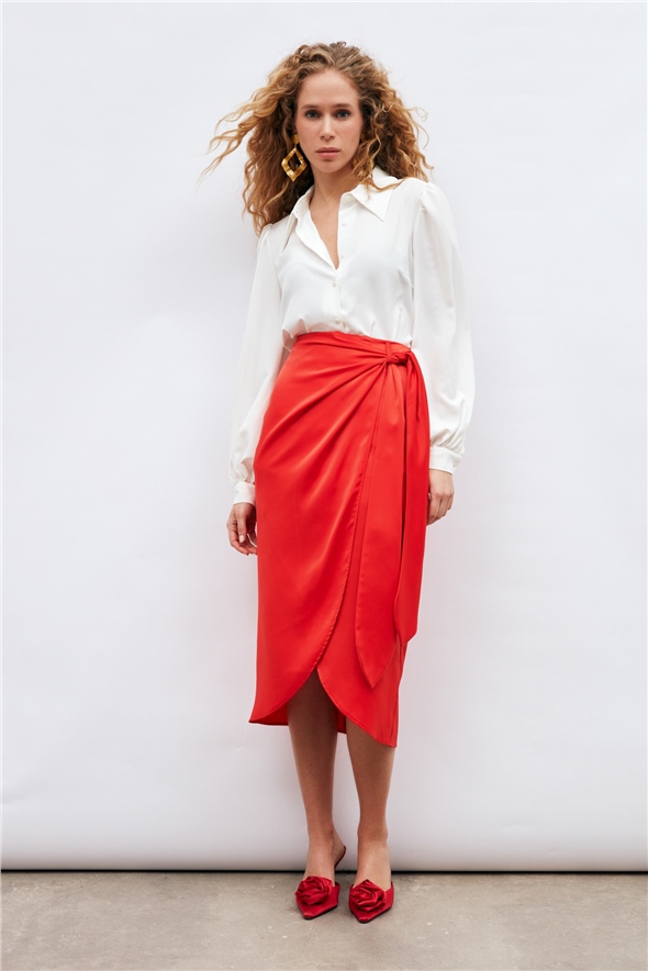 Tie Detailed Double Breasted Skirt - CORAL