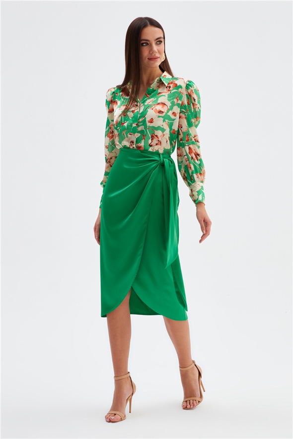 Tie Detailed Double Breasted Skirt - EMERALD