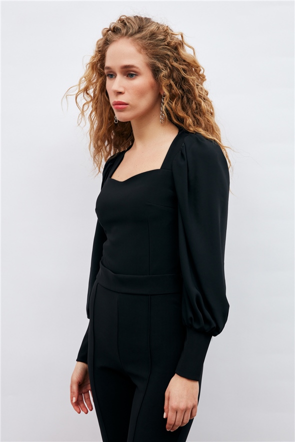 chiffon sleeve blouse - BLACK