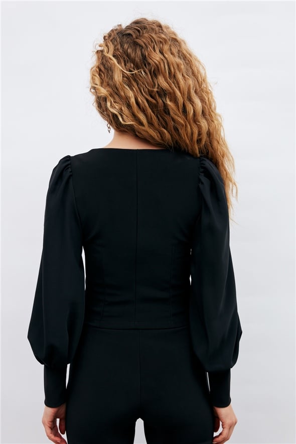 chiffon sleeve blouse - BLACK