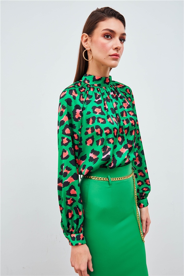 Balloon Sleeve Patterned Blouse - GREEN