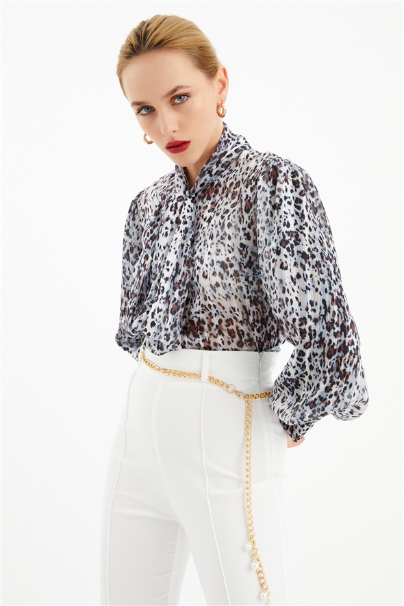 Leopard shirt with balloon sleeve scarf - BLUES