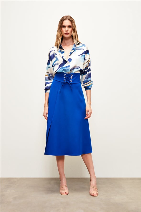Waist Detailed Flared Skirt - SAX BLUE