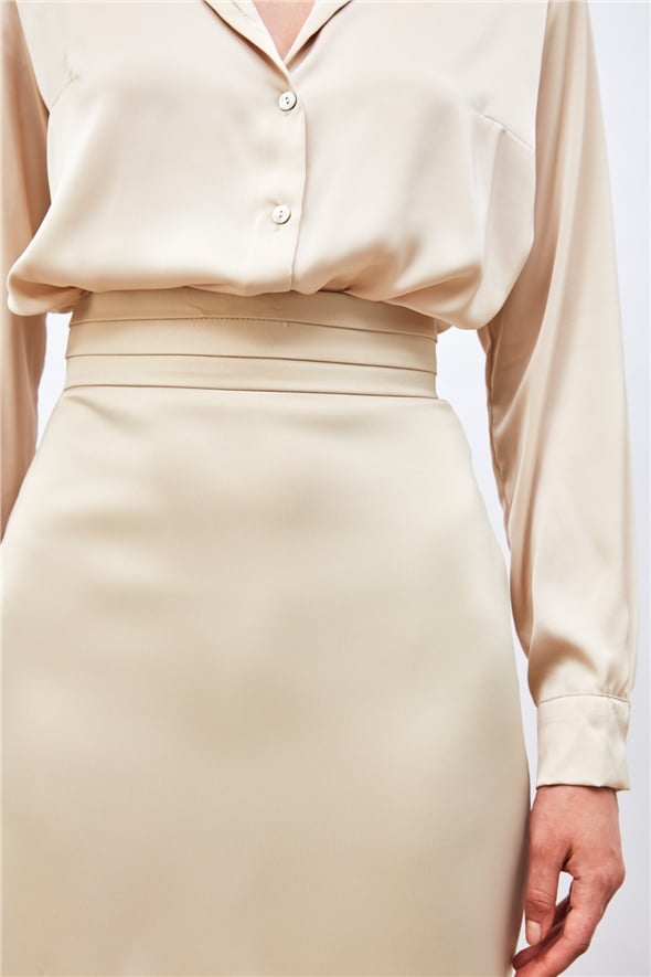 Waist Detailed Mini Satin Skirt - BEIGE