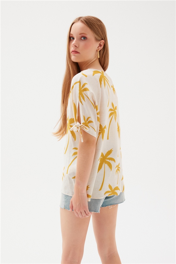 Crew Neck Patterned Blouse - MUSTARD