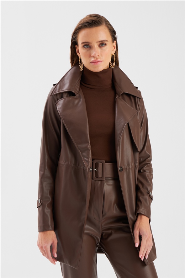 Leather jacket with ruffle detail - DARK COFFEE