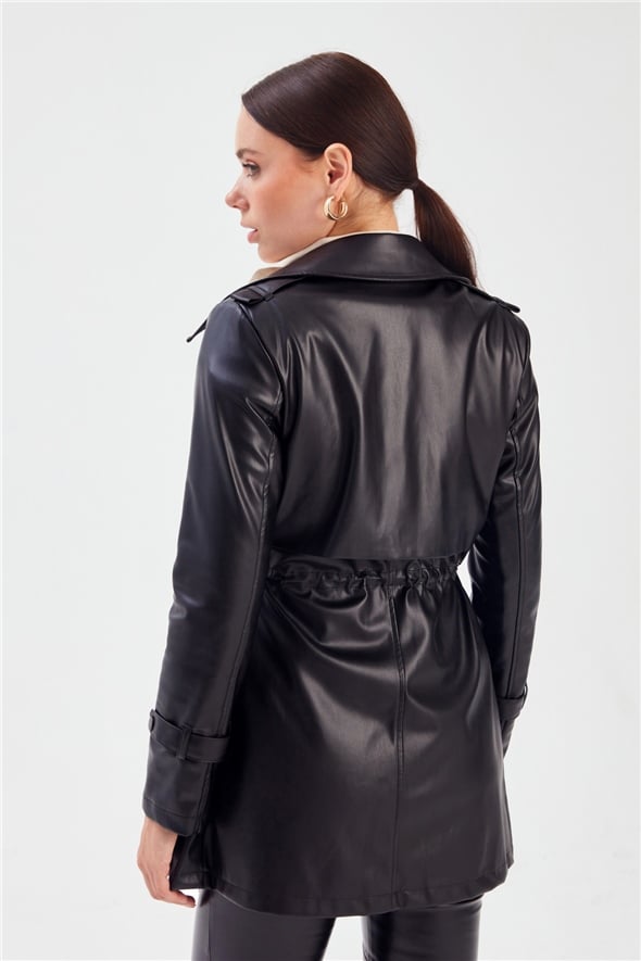 Leather jacket with ruffle detail - BLACK