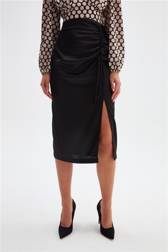 Ruffle Detailed Satin Skirt - BLACK