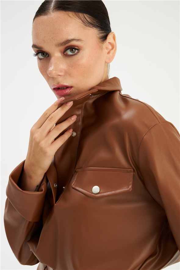 Pleated Leather Blouse - BROWN
