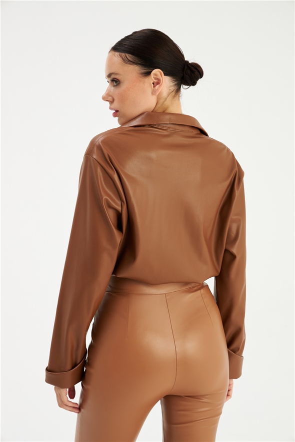 Pleated Leather Blouse - BROWN