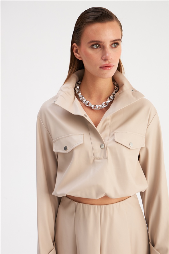 Pleated Leather Blouse - STONE