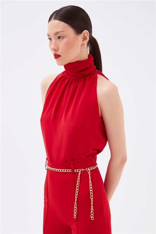 Pleated collar sleeveless blouse - RED