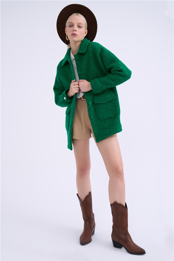 Pocket detailed boucle coat - GREEN