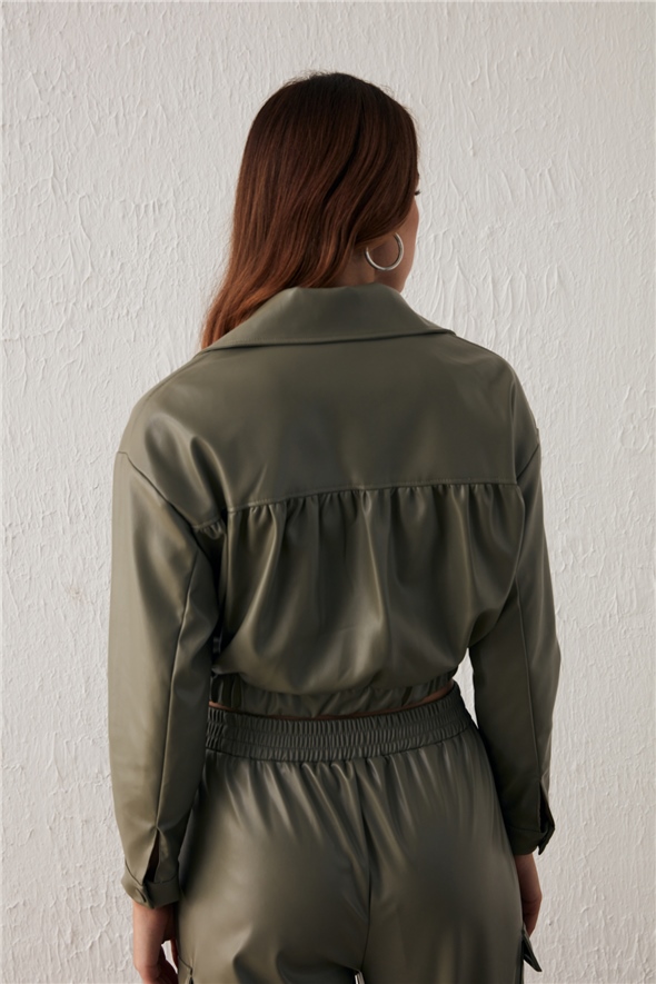Pocket Crop Leather Jacket - GREEN ALMOND