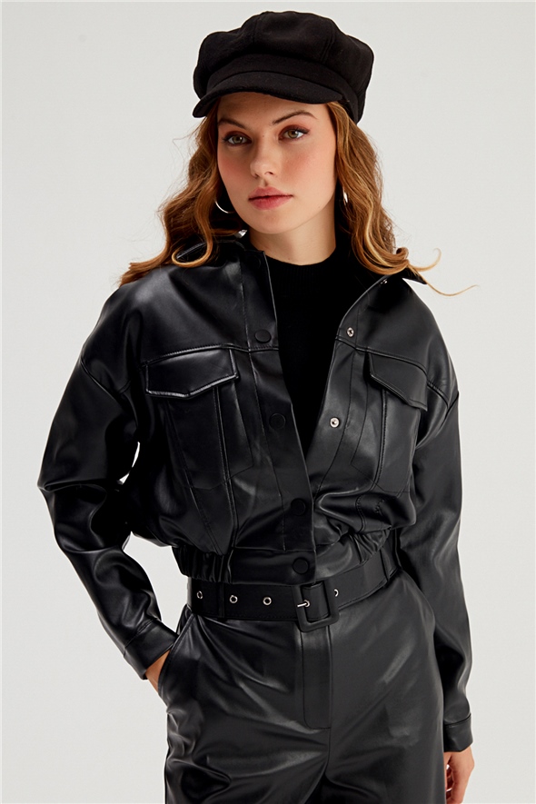 Pocket Crop Leather Jacket - BLACK