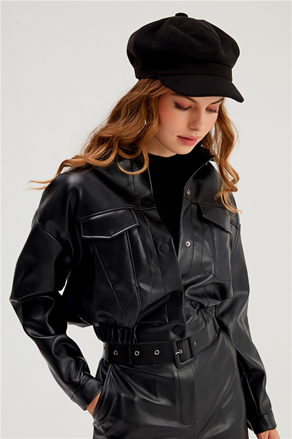 Pocket Crop Leather Jacket - BLACK