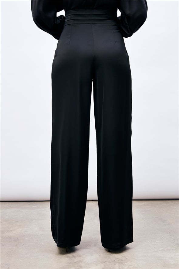Pocketed Loose Satin Trousers - BLACK