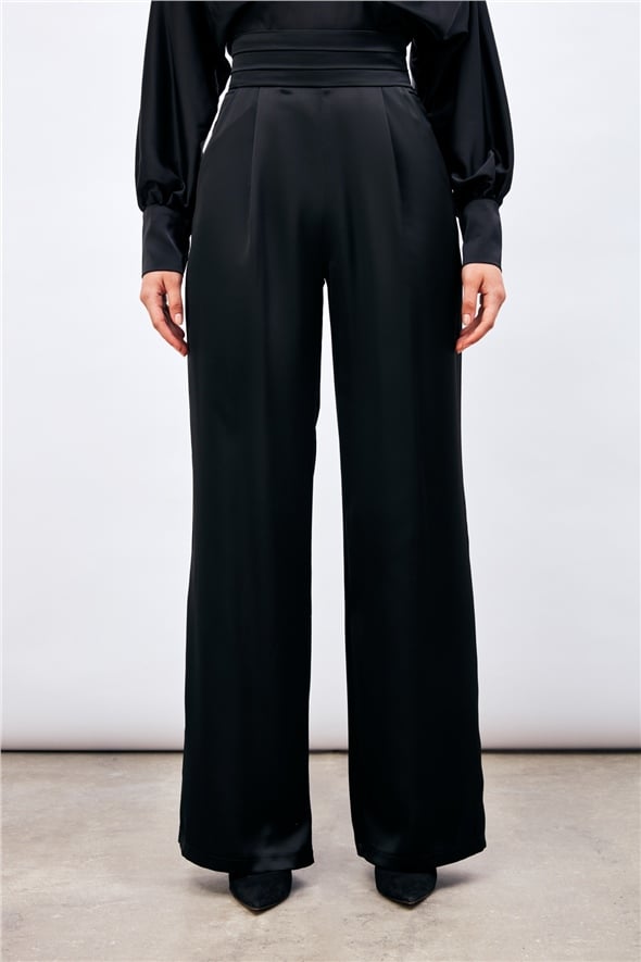 Pocketed Loose Satin Trousers - BLACK