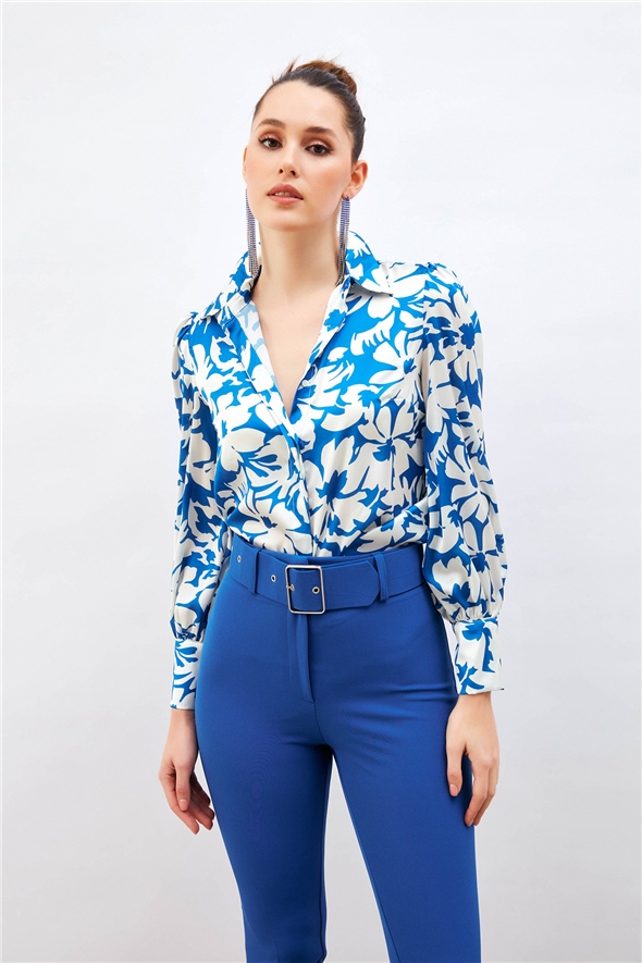 Floral Patterned Loose Shirt - SAX BLUE
