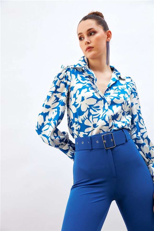 Floral Patterned Loose Shirt - SAX BLUE
