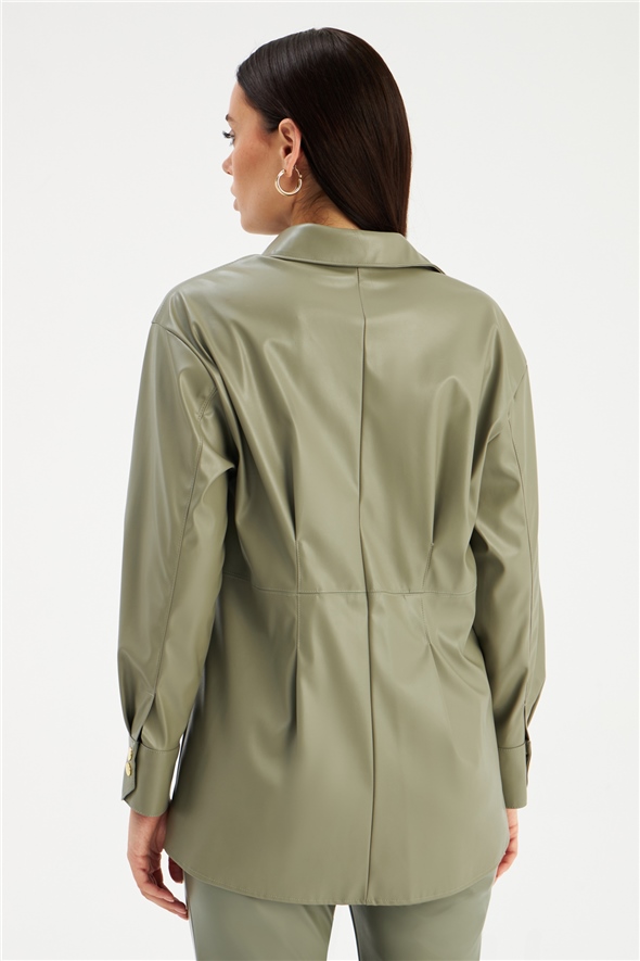 Snap Detailed Long Leather Shirt - GREEN