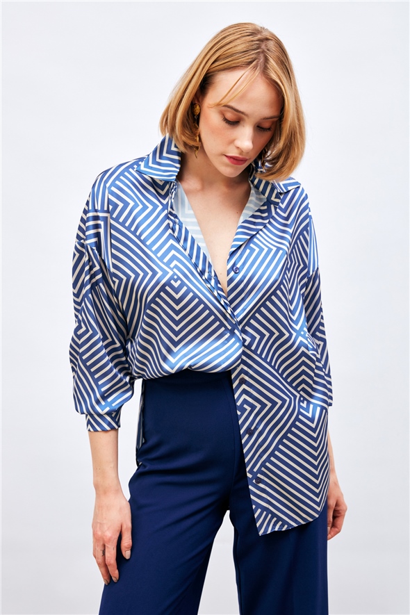 Stripe Patterned Loose Shirt - SAX BLUE