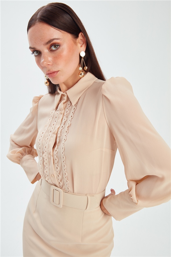 Lace Detailed Shirt - BEIGE
