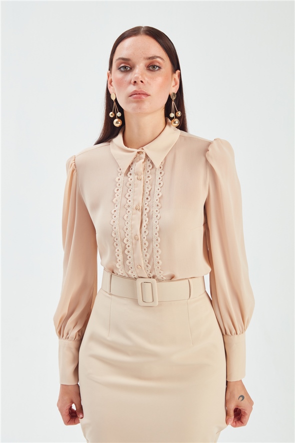 Lace Detailed Shirt - BEIGE