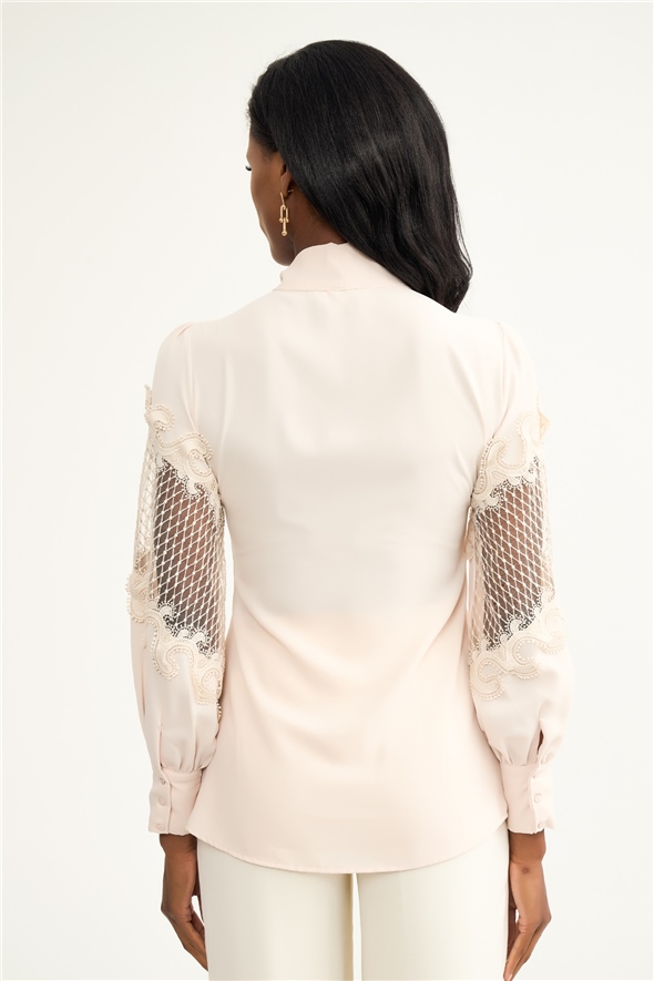 Lace sleeve foulard collar chiffon blouse - BEIGE
