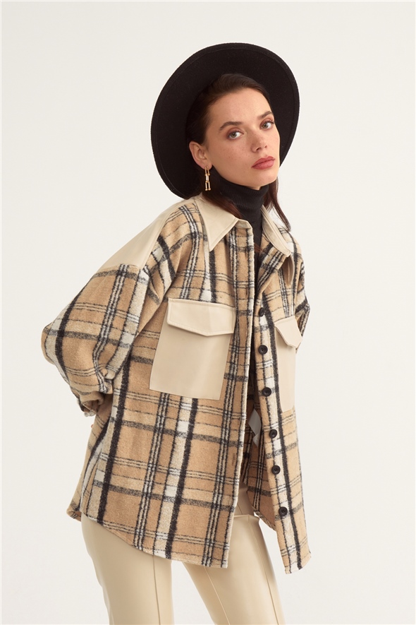 Checked shirt with leather detail - BEIGE