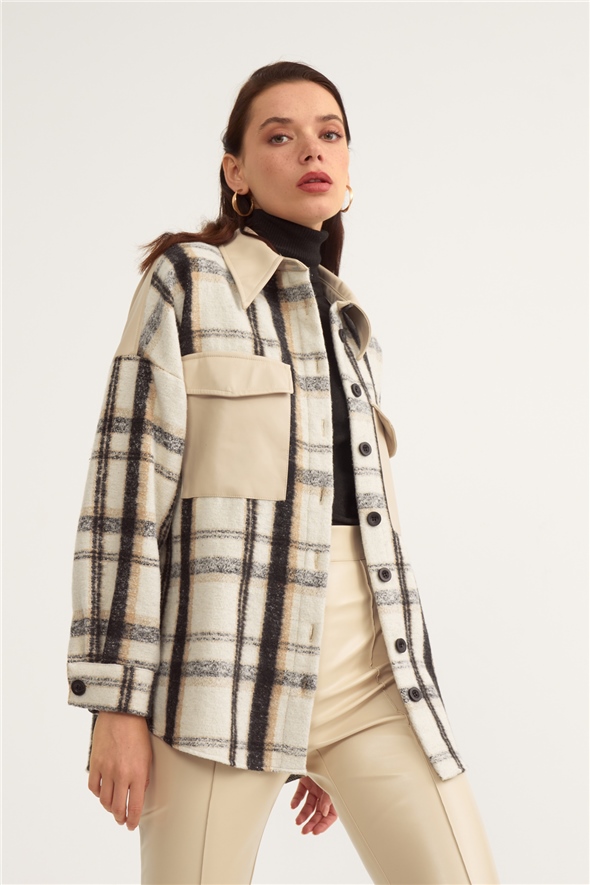 Checked shirt with leather detail - ECRU