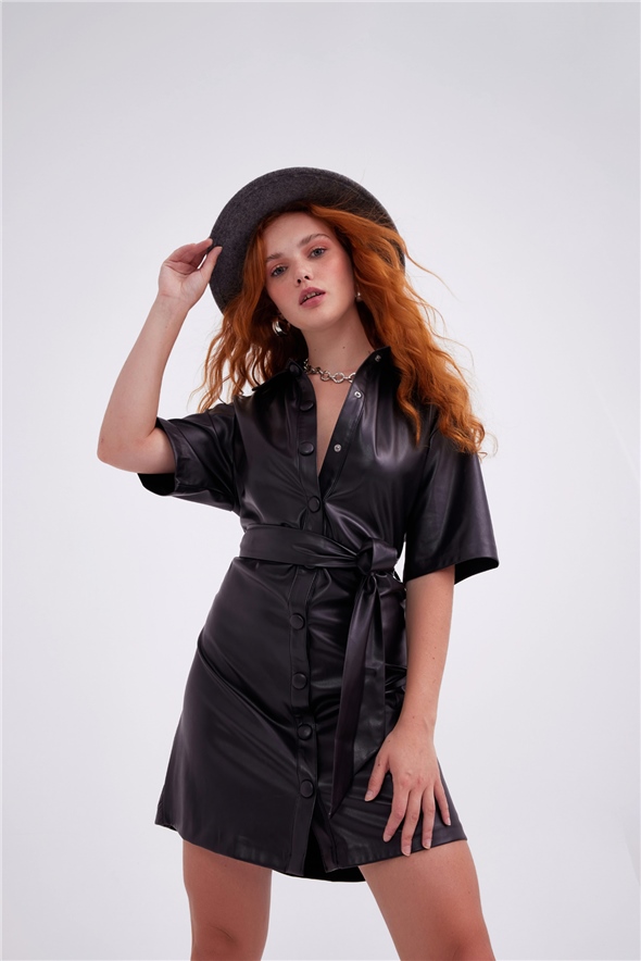Leather belt mini dress - BLACK