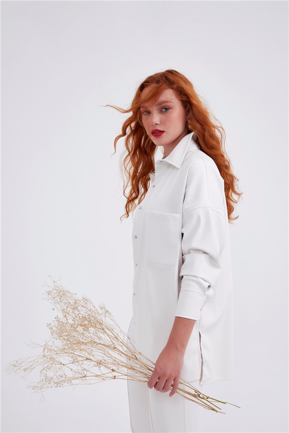 leather oversize shirt jacket - WHITES