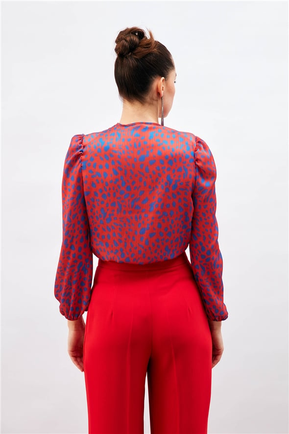 Patterned Double Breasted Bodysuit Blouse - RED