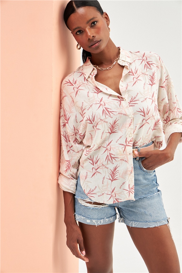 Patterned Oversize Linen Shirt - MAROON