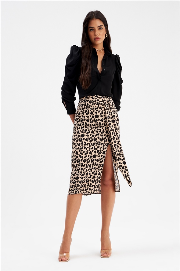 Detailed leopard print satin skirt - BEIGE