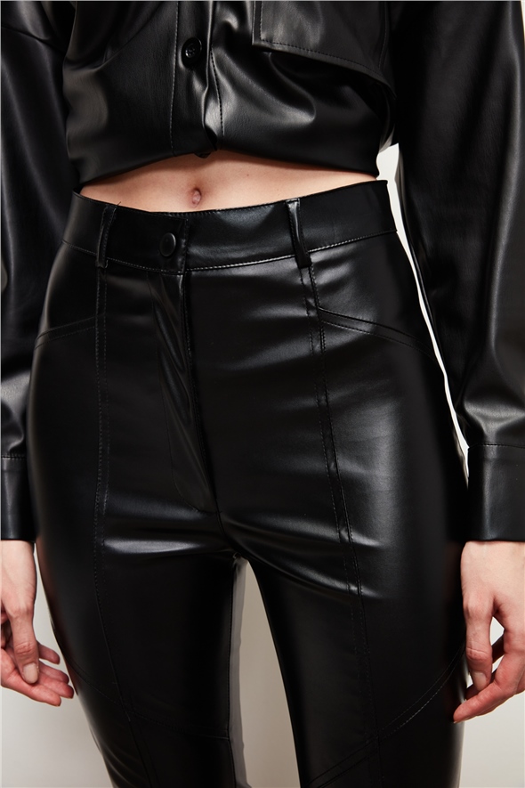 Stitch Detail Leather Trousers - BLACK