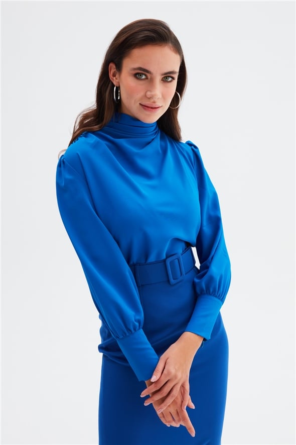 Draped collar blouse - SAX BLUE