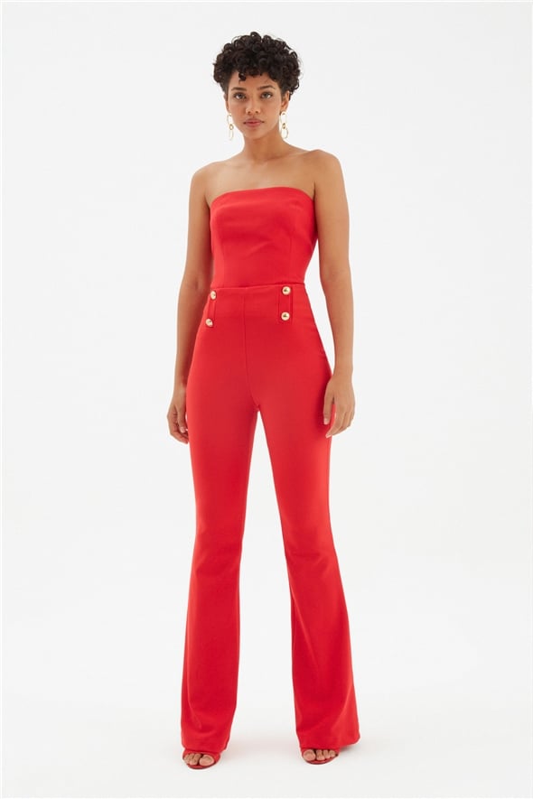 Button Accessory Wide Leg Trousers - RED