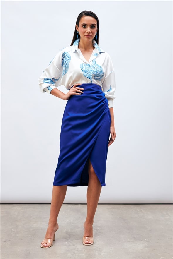 Button Accessory Satin Crepe Skirt - SAX BLUE