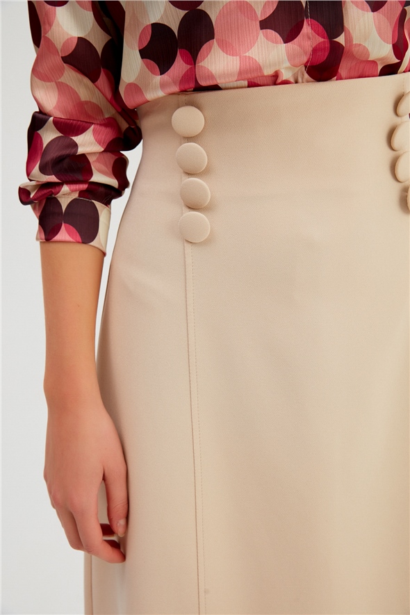 Button Detailed Flared Skirt - BEIGE