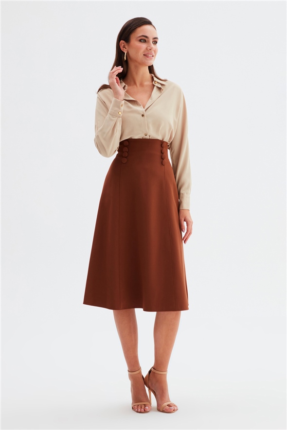 Button Detailed Flared Skirt - BROWN
