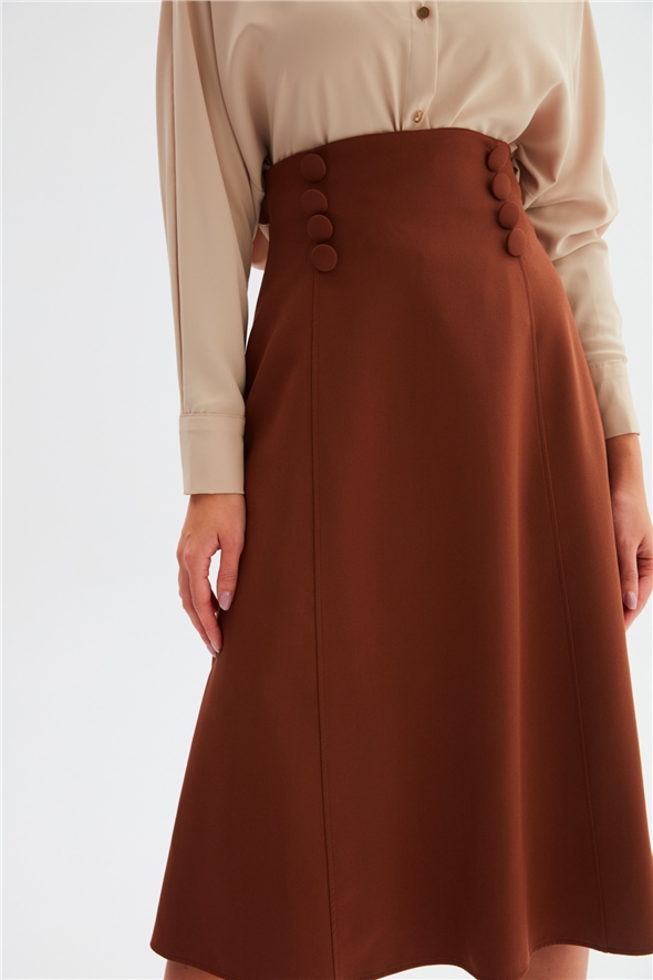 Button Detailed Flared Skirt - BROWN